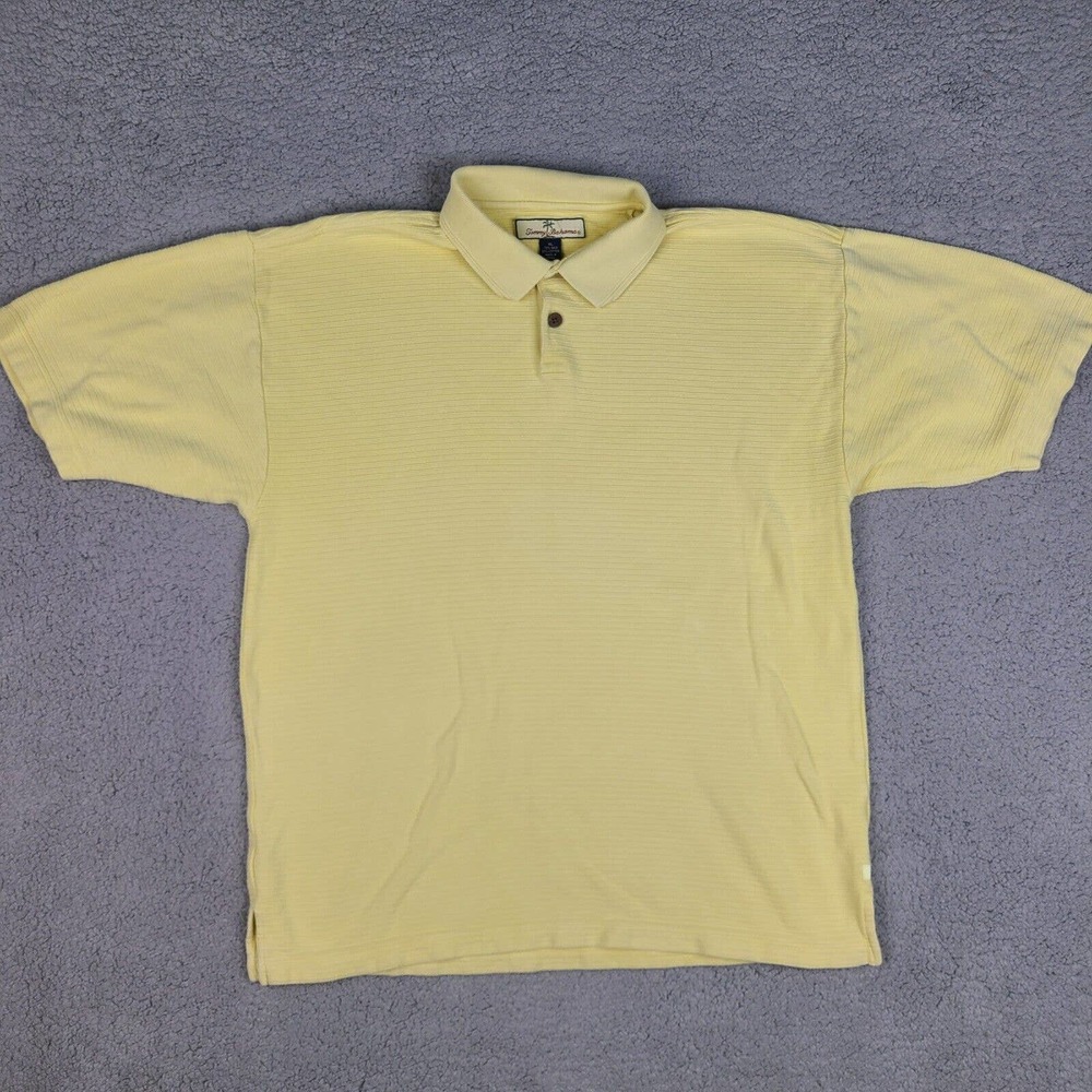 Tommy Bahama‎ Polo Shirt Mens XL Yellow Ribbed Striped Silk Cotton Short Sleeve